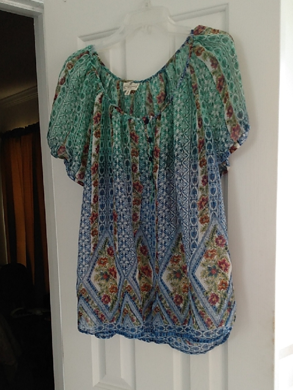 grand & greene Green and Blue Boho Floral Peasant Blouse